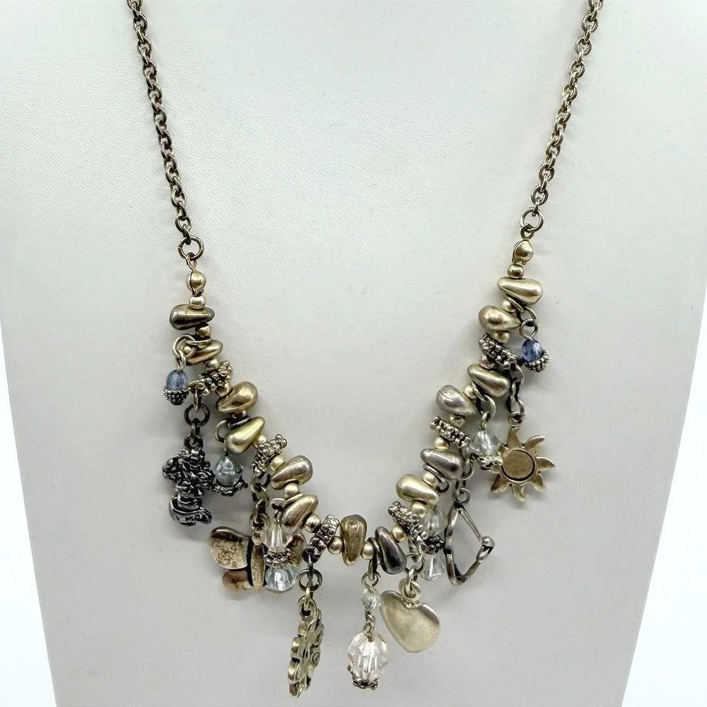 Vintage Silver Tone Multi Charm Necklace Sun Heart Butterfly Celestial Bead Boho